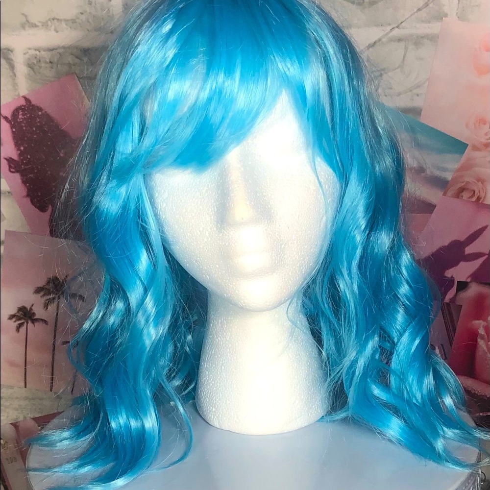 Cotton Candy Blue Wavy Shoulder Length Wig with Bangs - New, Never Worn